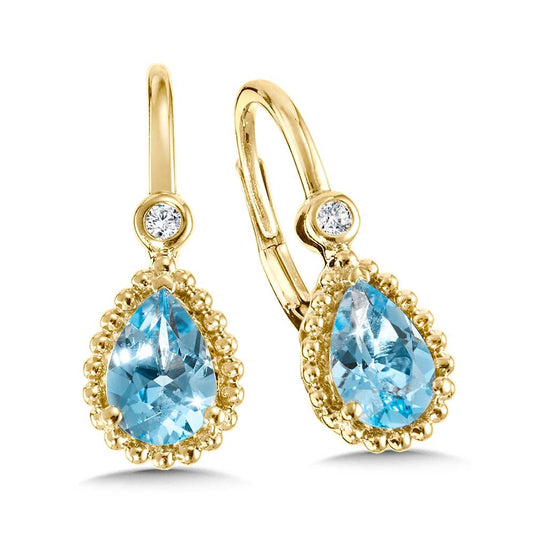 MILGRAIN-BEADED PEAR-CUT SWISS BLUE TOPAZ & DIAMOND EARRINGS CGE783Y-DBT