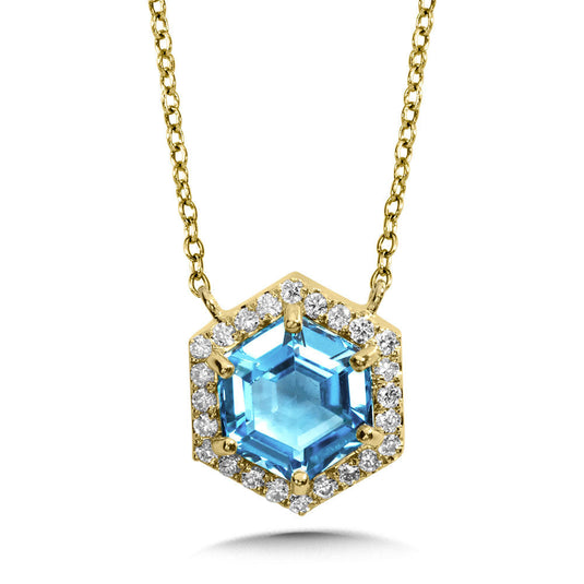 HEXAGON-CUT SWISS BLUE TOPAZ & DIAMOND HALO NECKLACE CGP762Y-DBT