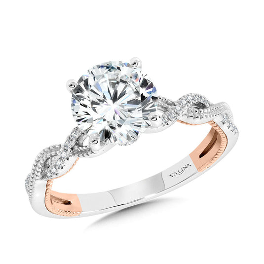 CRISSCROSS TWO-TONE & MILGRAIN-BEADED HIDDEN ACCENTS DIAMOND ENGAGEMENT RING R2275WP-SR