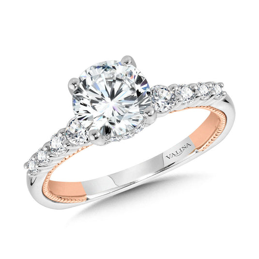 GRADUATING TWO-TONE & MILGRAIN-BEADED HIDDEN HALO DIAMOND ENGAGEMENT RING R2225WP
