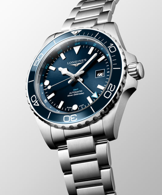 Longines Hydroconquest Gmt Automatic Watch, Ø 43.00 Mm, Stainless Steel And Ceramic Bezel. L3.890.4.96.6