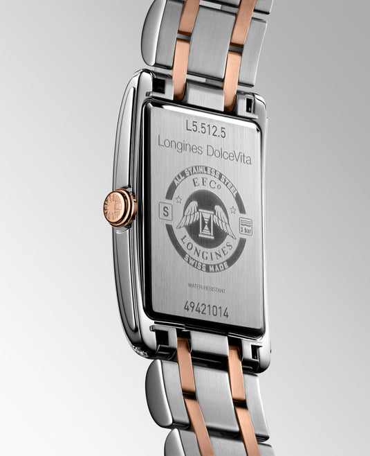 Longines Dolcevita Quartz Watch, 23.30 X 37.00 Mm, Stainless Steel With 18 Karat Pink Gold Crown. L5.512.5.79.7