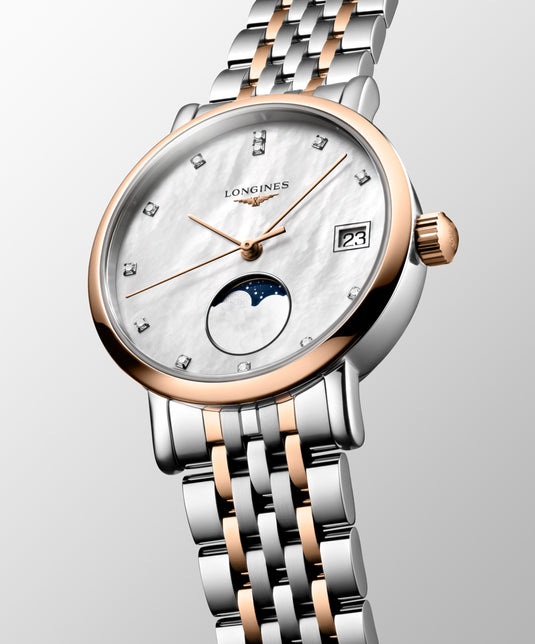 Longines Elegant Collection Moonphase Quartz Watch, Ø 30.00 Mm, Stainless Steel And 18 Karat Pink Gold Cap 200. L4.330.5.87.7