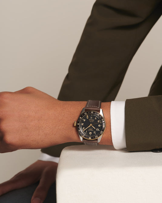 Longines Spirit Zulu Time Automatic Watch, Ø 42.00 Mm, Stainless Steel And 18 Karat Yellow Gold Cap 200. L3.812.5.53.2