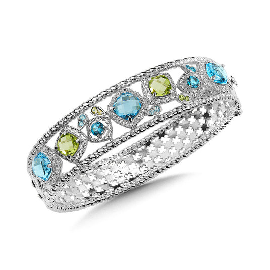 STERLING SILVER BLUE TOPAZ, LONDON BLUE TOPAZ, AND PERIDOT BANGLE LVB804-LBTPE