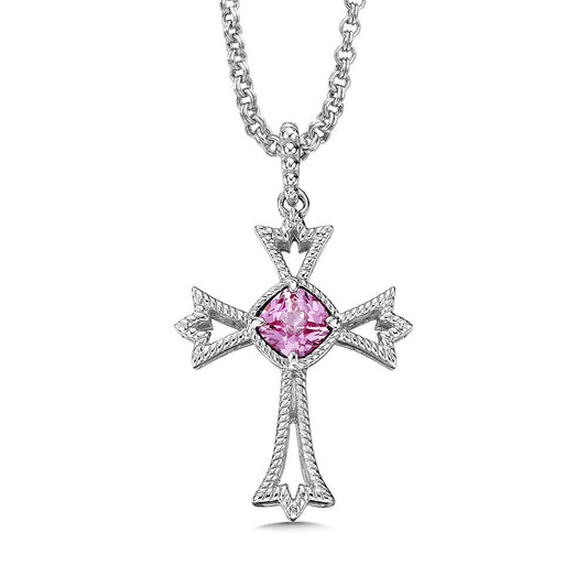 STERLING SILVER AND CREATED PINK SAPPHIRE CROSS PENDANT LVP586-PS