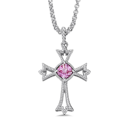 STERLING SILVER AND CREATED PINK SAPPHIRE CROSS PENDANT LVP586-PS
