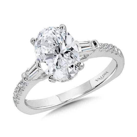 OVAL-CUT BAGUETTE ACCENTED & HIDDEN HALO DIAMOND ENGAGEMENT RING R2245W