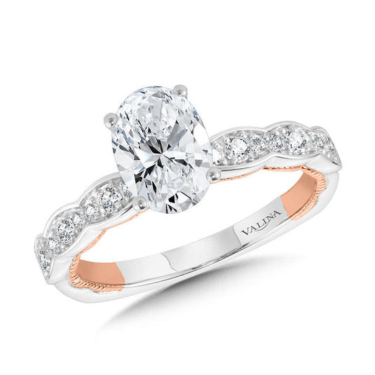 OVAL-CUT, CHANNEL-SET, TWO-TONE & MILGRAIN-BEADED HIDDEN ACCENTS DIAMOND ENGAGEMENT RING R2231WP