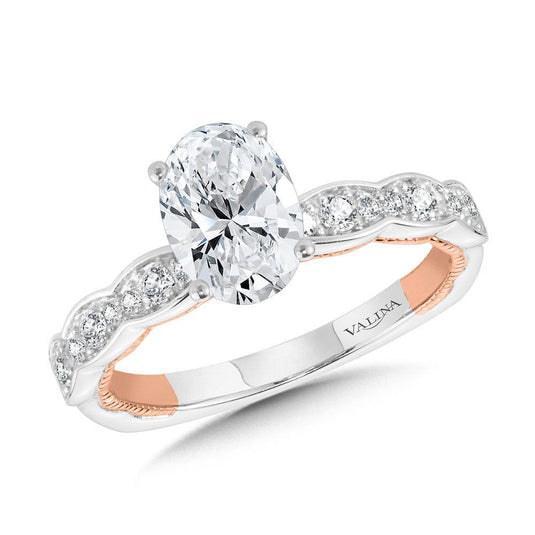 OVAL-CUT, CHANNEL-SET, TWO-TONE & MILGRAIN-BEADED HIDDEN ACCENTS DIAMOND ENGAGEMENT RING R2231WP