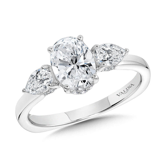 OVAL-CUT & PEAR-ACCENTED THREE-STONE HIDDEN HALO ENGAGEMENT RING W/ DIAMOND ARCH UNDERGALLERY R2304W