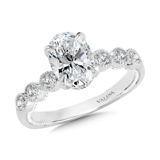 OVAL-CUT, STACKABLE & MILGRAIN-BEADED HIDDEN HALO DIAMOND ENGAGEMENT RING R2236W
