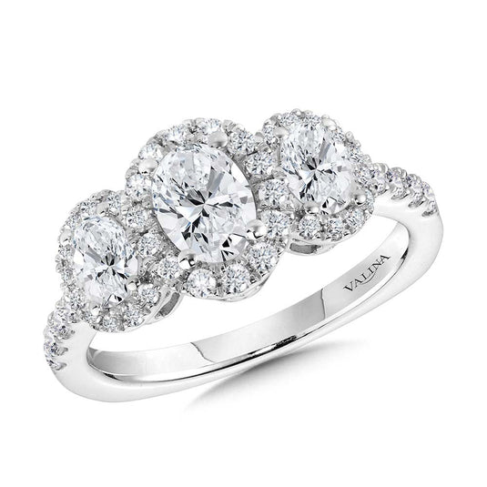 OVAL-CUT THREE-STONE DIAMOND HALO ENGAGEMENT RING R2312W