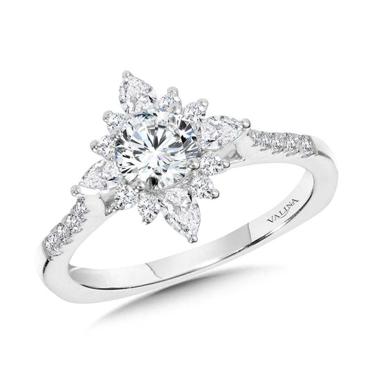 PRONG-TIPPED & PEAR-ACCENTED SUN BURST DIAMOND HALO ENGAGEMENT RING R2206W