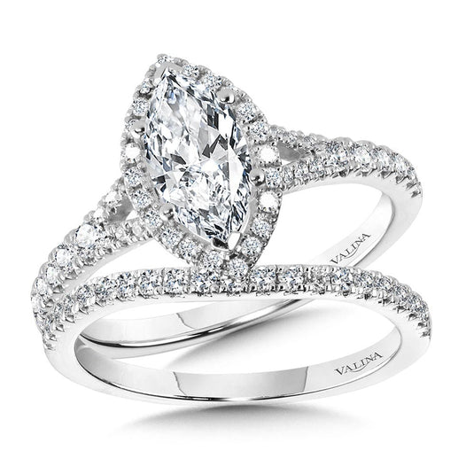 MARQUISE-SHAPED SPLIT SHANK HALO ENGAGEMENT RING R1124W-SR