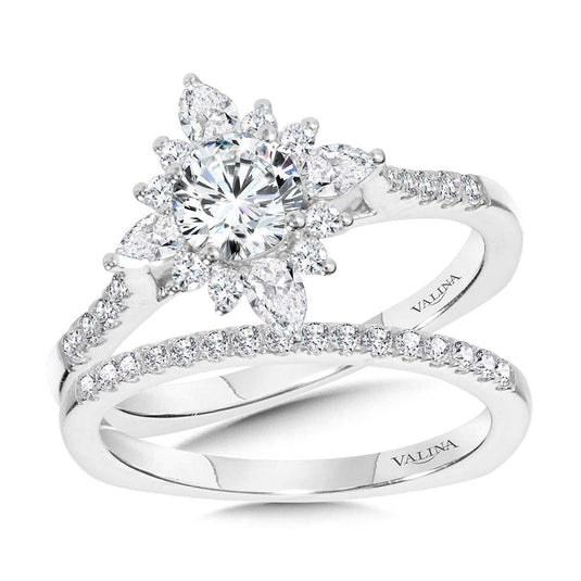 PRONG-TIPPED & PEAR-ACCENTED SUN BURST DIAMOND HALO ENGAGEMENT RING R2206W