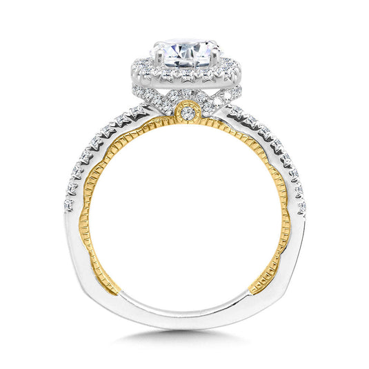 TWO-TONE & MILGRAIN-BEADED CUSHION-SHAPED DIAMOND HALO ENGAGEMENT RING R2223WY