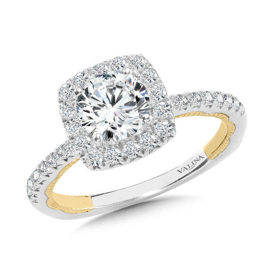 TWO-TONE & MILGRAIN-BEADED CUSHION-SHAPED DIAMOND HALO ENGAGEMENT RING R2223WY