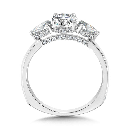OVAL-CUT & PEAR-ACCENTED THREE-STONE HIDDEN HALO ENGAGEMENT RING W/ DIAMOND ARCH UNDERGALLERY R2304W