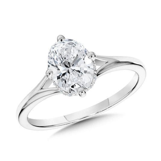 OVAL-CUT HIDDEN HALO & SPLIT SHANK DIAMOND ENGAGEMENT RING W/ COMPASS PRONGS R2407W-SR