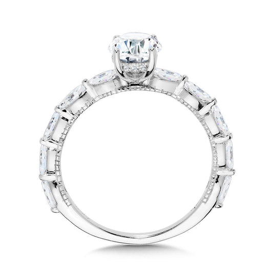 OVAL-CUT DIAMOND & MILGRAIN-BEADED SHARED PRONG ENGAGEMENT RING W/ HIDDEN HALO R2430W-SR