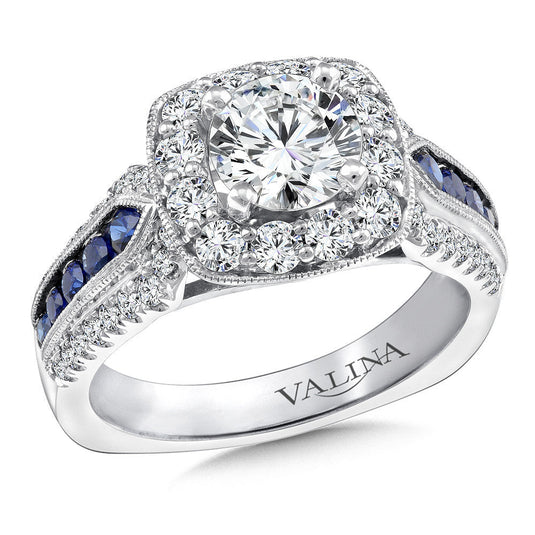 DIAMOND AND BLUE SAPPHIRE HALO ENGAGEMENT RING R9520W-BSA