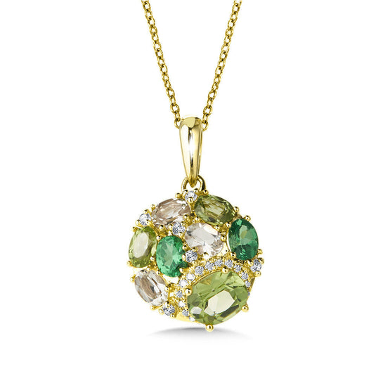 ROUND GREEN GARNET, PERIDOT, AND DIAMOND CLUSTER PENDANT CGP162Y-GGPE