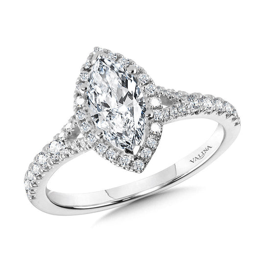 MARQUISE-SHAPED SPLIT SHANK HALO ENGAGEMENT RING R1124W-SR