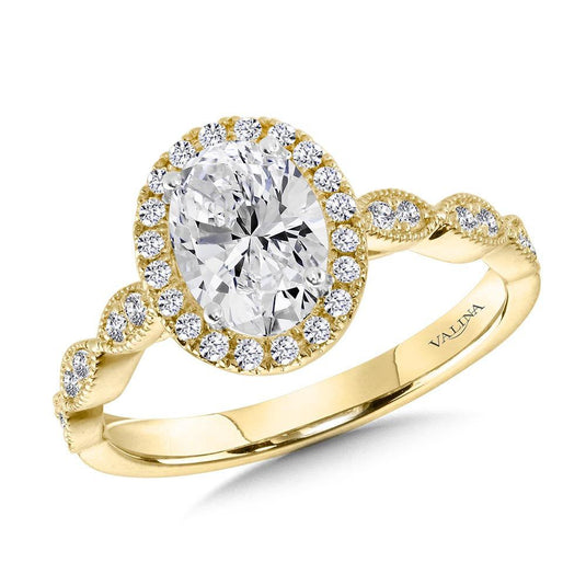 SCALLOPED & MILGRAIN-BEADED OVAL HALO ENGAGEMENT RING R1128Y-SR
