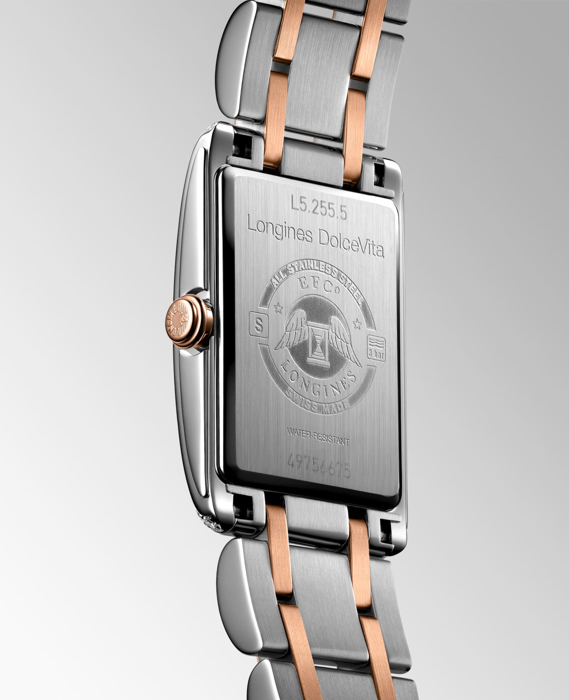 Longines Dolcevita Quartz Watch, 20.80 X 32.00 Mm, Stainless Steel With 18 Karat Pink Gold Crown. L5.255.5.79.7