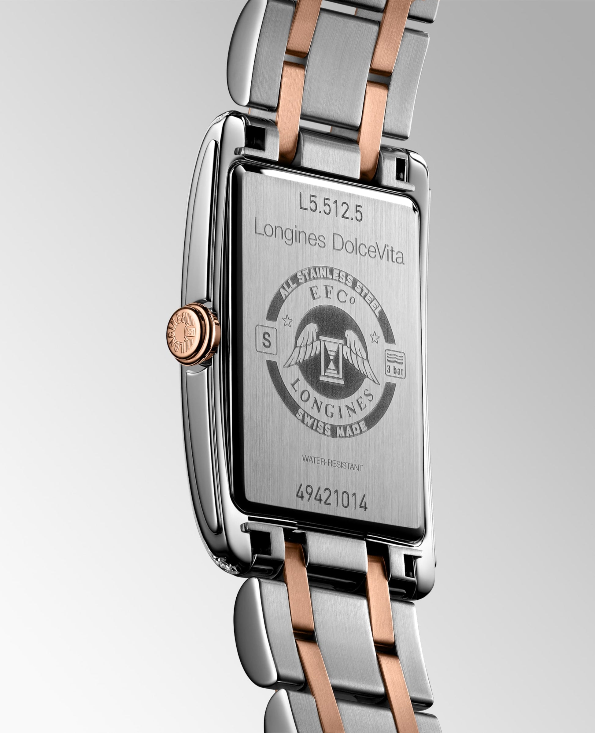 Longines Dolcevita Quartz Watch, 23.30 X 37.00 Mm, Stainless Steel With 18 Karat Pink Gold Crown. L5.512.5.79.7