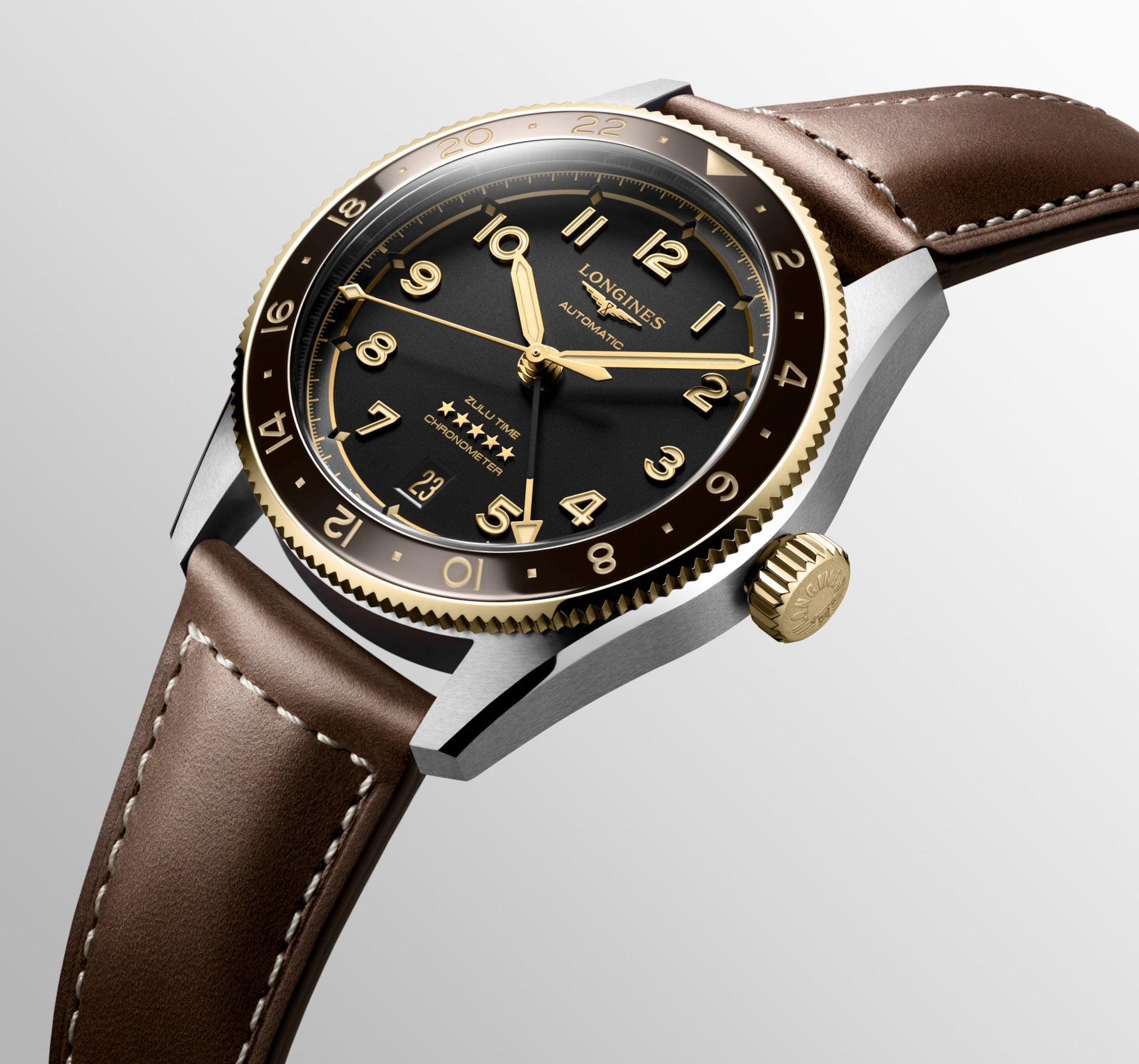 Longines Spirit Zulu Time Automatic Watch, Ø 39.00 Mm, Stainless Steel And 18 Karat Yellow Gold Cap 200. L3.802.5.53.2