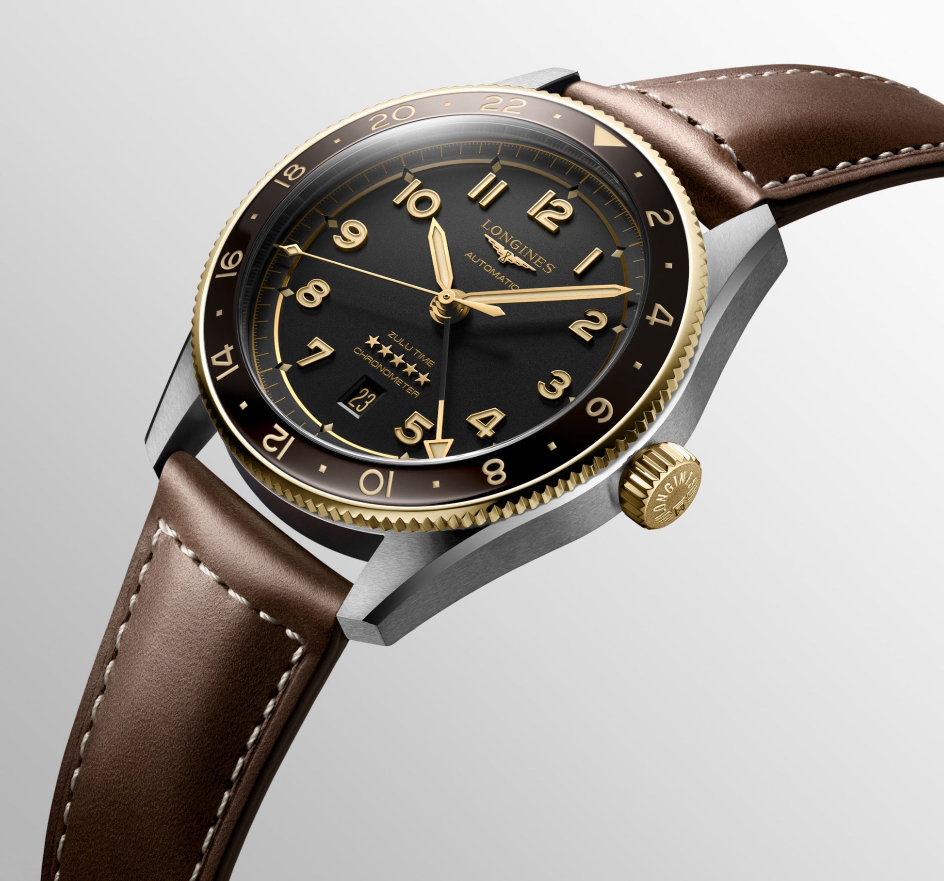 Longines Spirit Zulu Time Automatic Watch, Ø 42.00 Mm, Stainless Steel And 18 Karat Yellow Gold Cap 200. L3.812.5.53.2