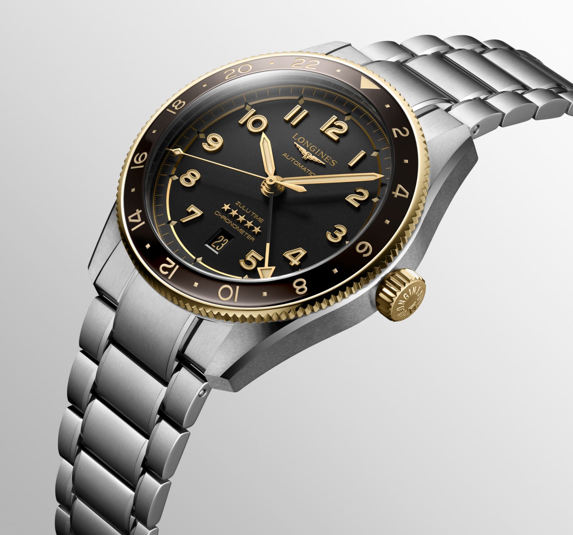 Longines Spirit Zulu Time Automatic Watch, Ø 42.00 Mm, Stainless Steel And 18 Karat Yellow Gold Cap 200. L3.812.5.53.6