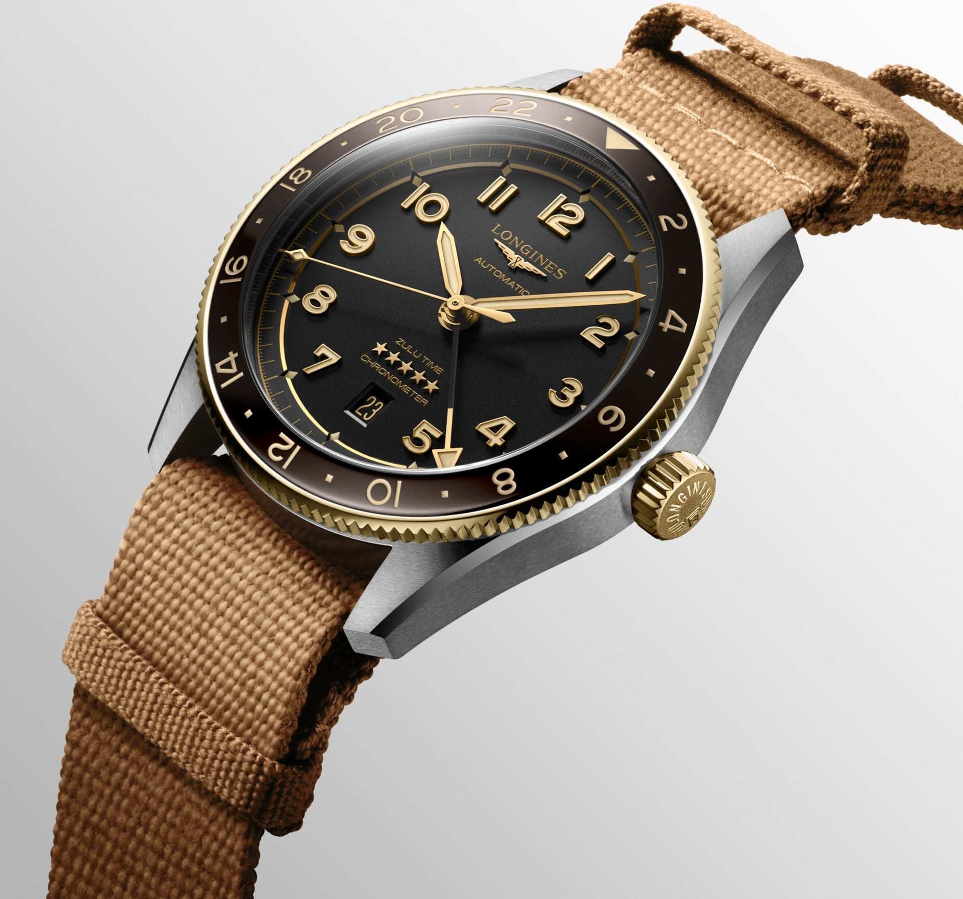 Longines Spirit Zulu Time Automatic Watch, Ø 42.00 Mm, Stainless Steel And 18 Karat Yellow Gold Cap 200. L3.812.5.53.9