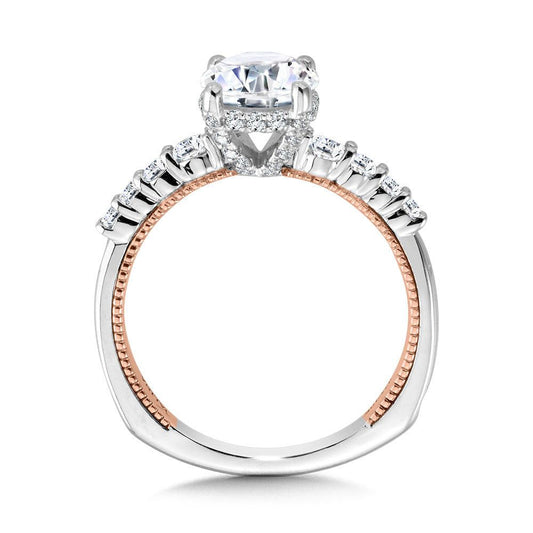 GRADUATING TWO-TONE & MILGRAIN-BEADED HIDDEN HALO DIAMOND ENGAGEMENT RING R2225WP