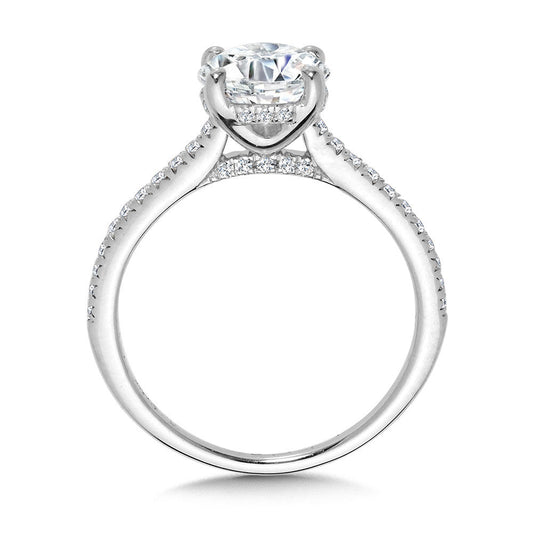 STRAIGHT HIDDEN HALO DIAMOND ENGAGEMENT RING W/ CATHEDRAL SHOULDERS R2368W-SR