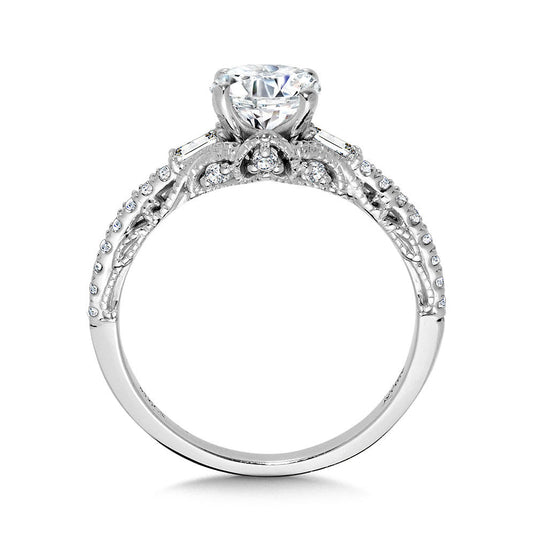 BAGUETTE-ACCENTED & MILGRAIN-BEADED VINTAGE DIAMOND ENGAGEMENT RING R2379W-SR
