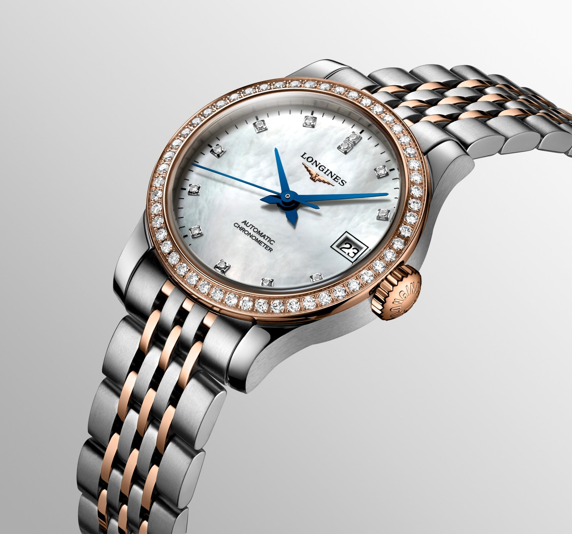Longines Record Automatic Watch, Ø 26.00 Mm, Stainless Steel And 18 Karat Pink Gold. L2.320.5.89.7