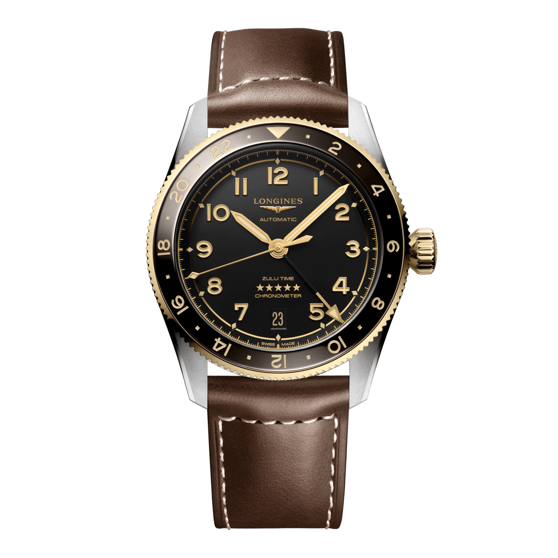 Longines Spirit Zulu Time Automatic Watch, Ø 39.00 Mm, Stainless Steel And 18 Karat Yellow Gold Cap 200. L3.802.5.53.2