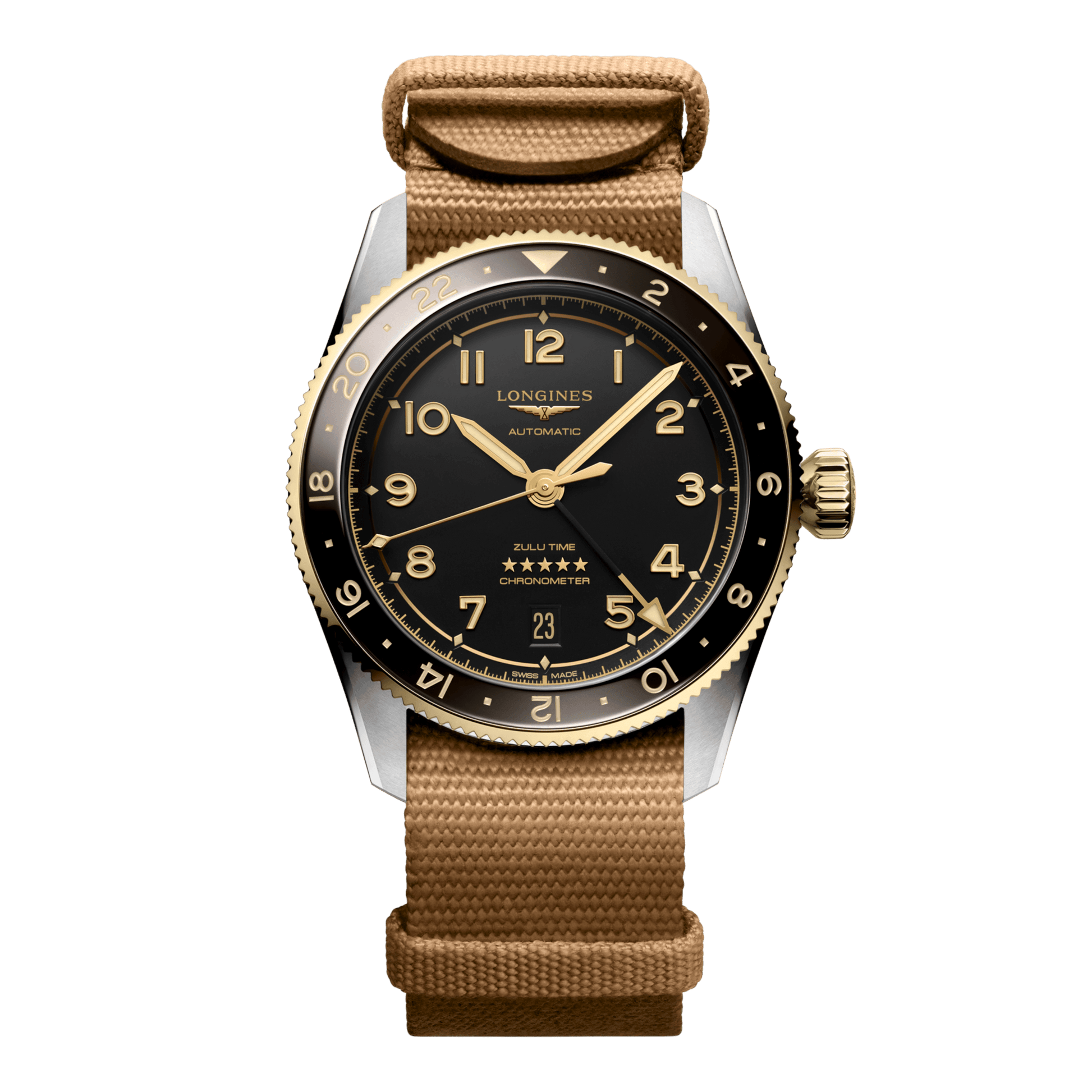 Longines Spirit Zulu Time Automatic Watch, Ø 39.00 Mm, Stainless Steel And 18 Karat Yellow Gold Cap 200. L3.802.5.53.9