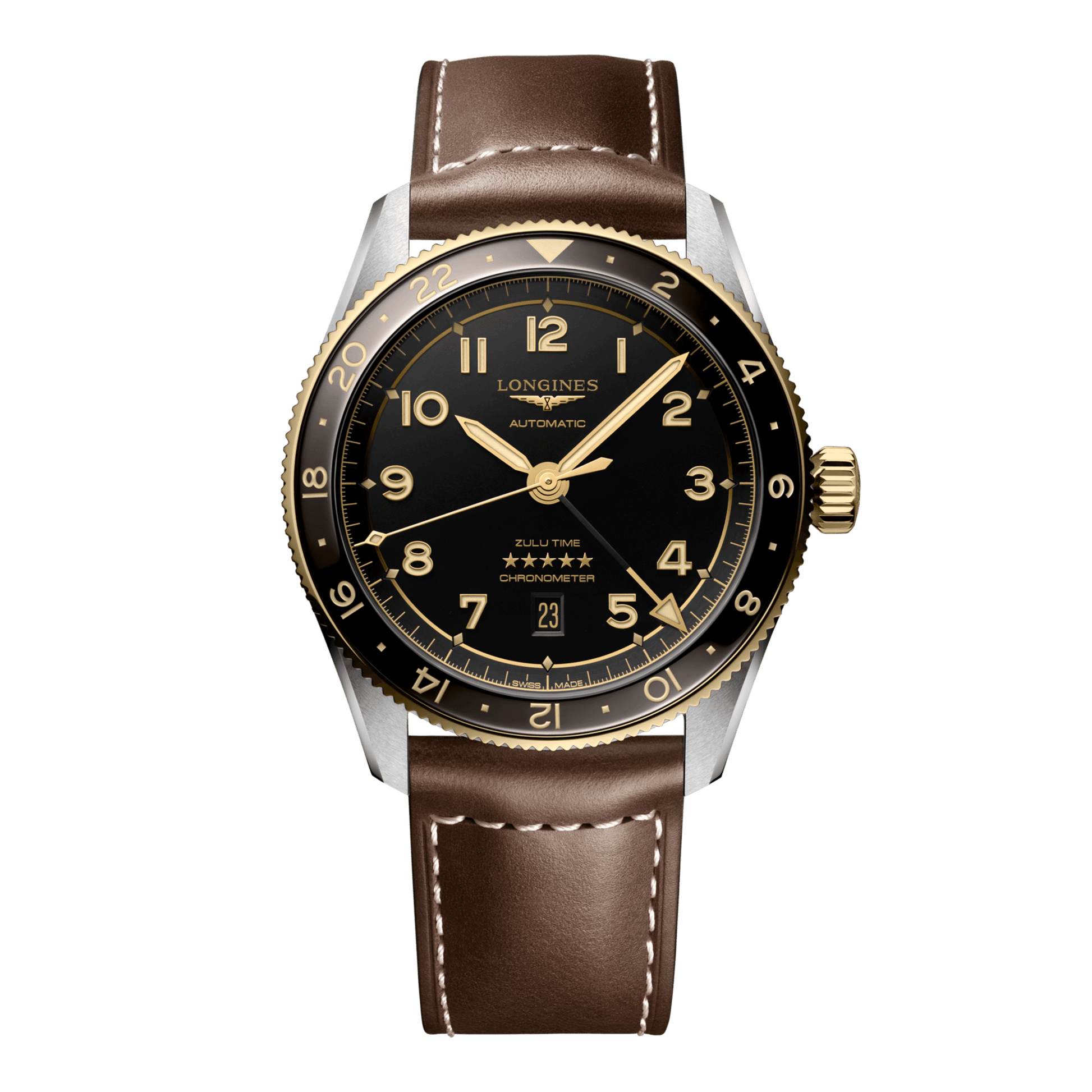 Longines Spirit Zulu Time Automatic Watch, Ø 42.00 Mm, Stainless Steel And 18 Karat Yellow Gold Cap 200. L3.812.5.53.2
