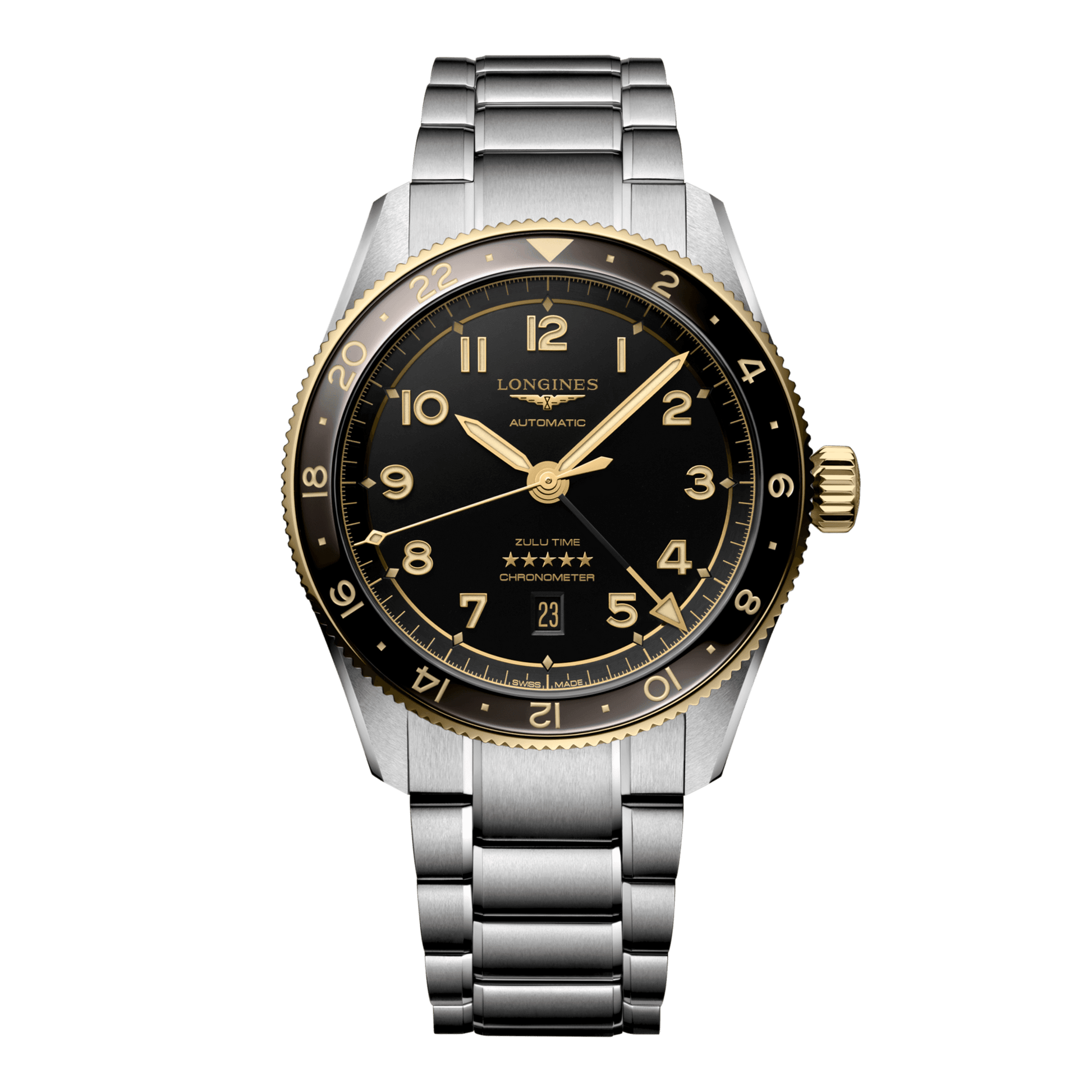 Longines Spirit Zulu Time Automatic Watch, Ø 42.00 Mm, Stainless Steel And 18 Karat Yellow Gold Cap 200. L3.812.5.53.6