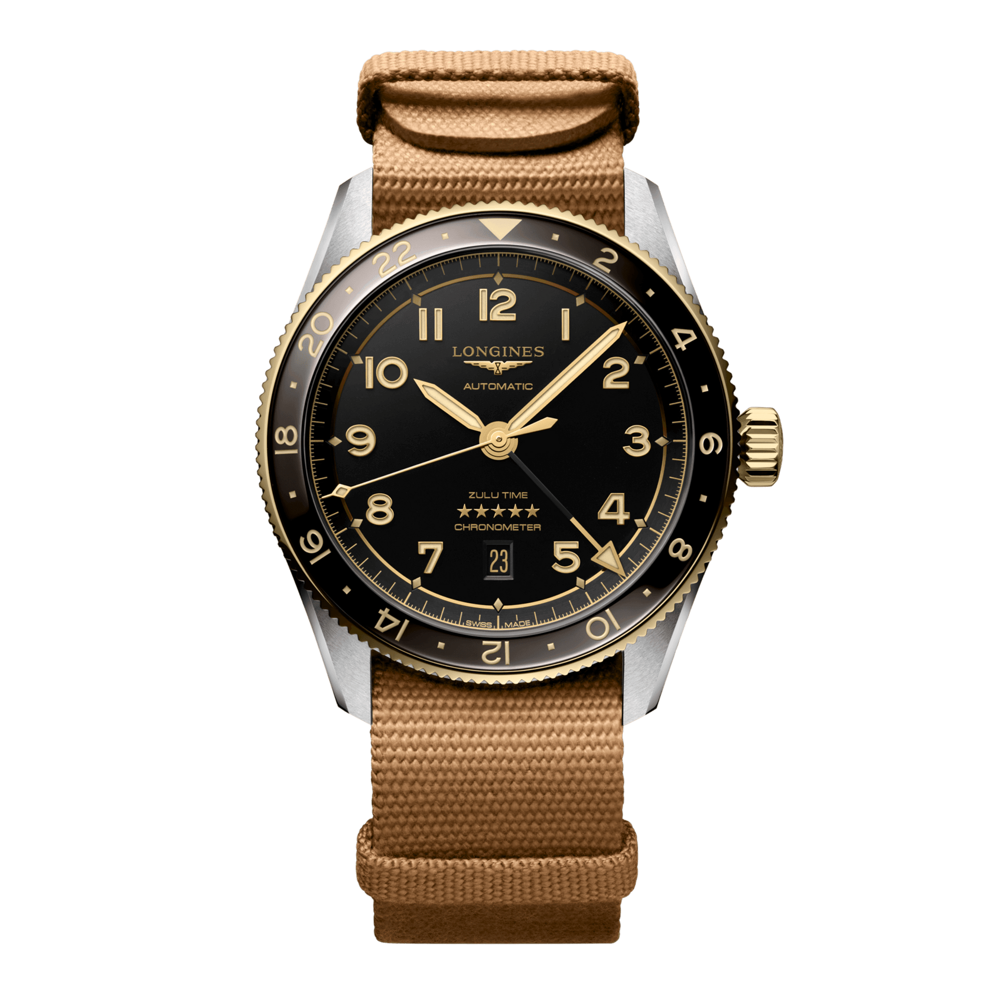 Longines Spirit Zulu Time Automatic Watch, Ø 42.00 Mm, Stainless Steel And 18 Karat Yellow Gold Cap 200. L3.812.5.53.9
